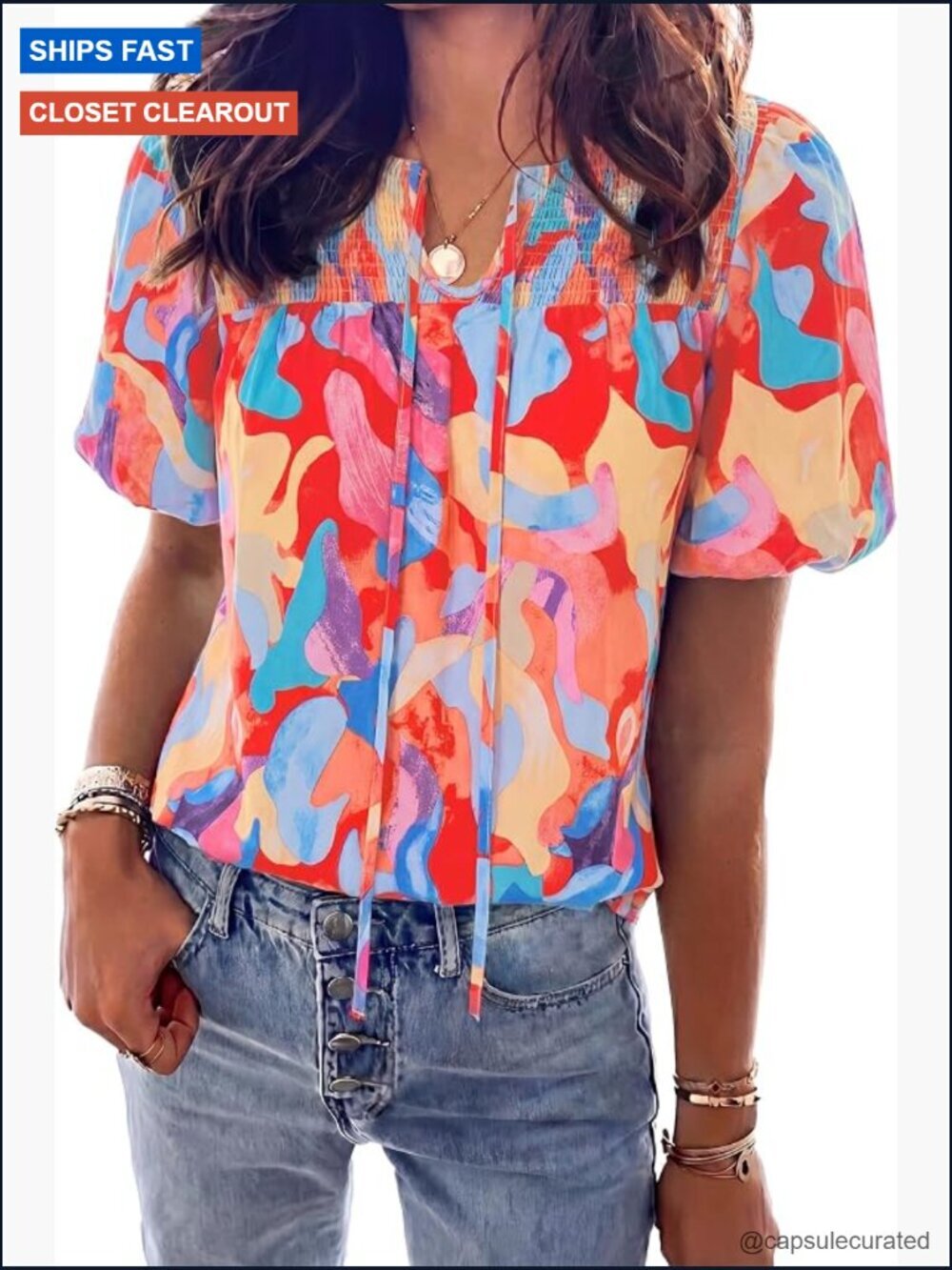 Boho Floral Blouse V Neck Drawstring Short Sleeve Shirt